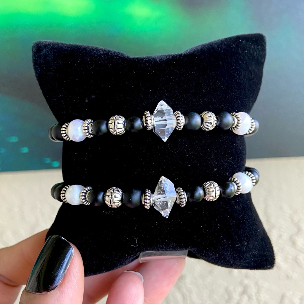 Herkimer Diamonds Onyx & Pearls Set Bracelets (2)